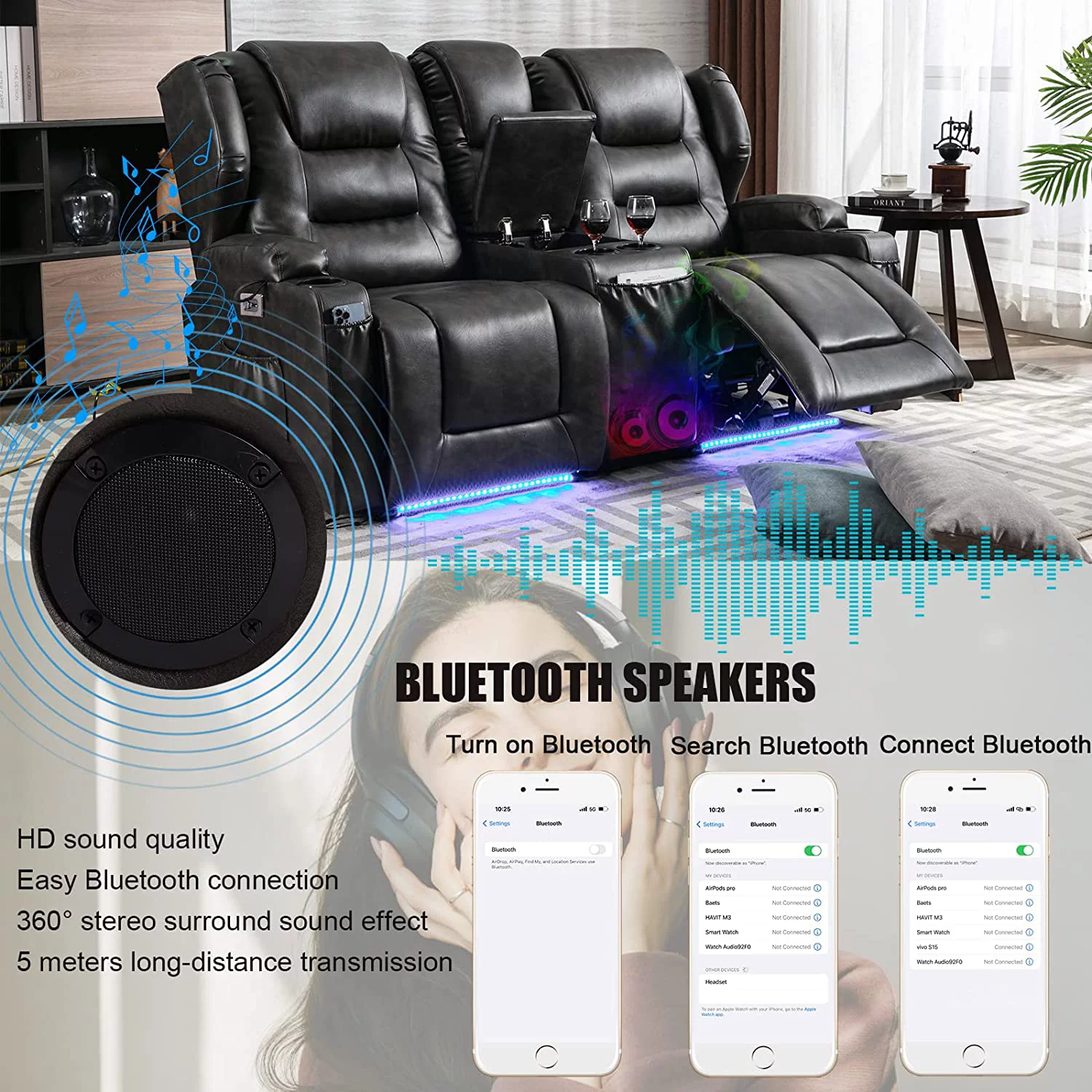 IPKIG Electric Home Theater Seating- Power Recline Chair Loveseat RV Sofa with Console, 67" Double Recliner 2-Seater RV Couch with Storage/USB Charging/Lighting/Cup Holders for Living Room