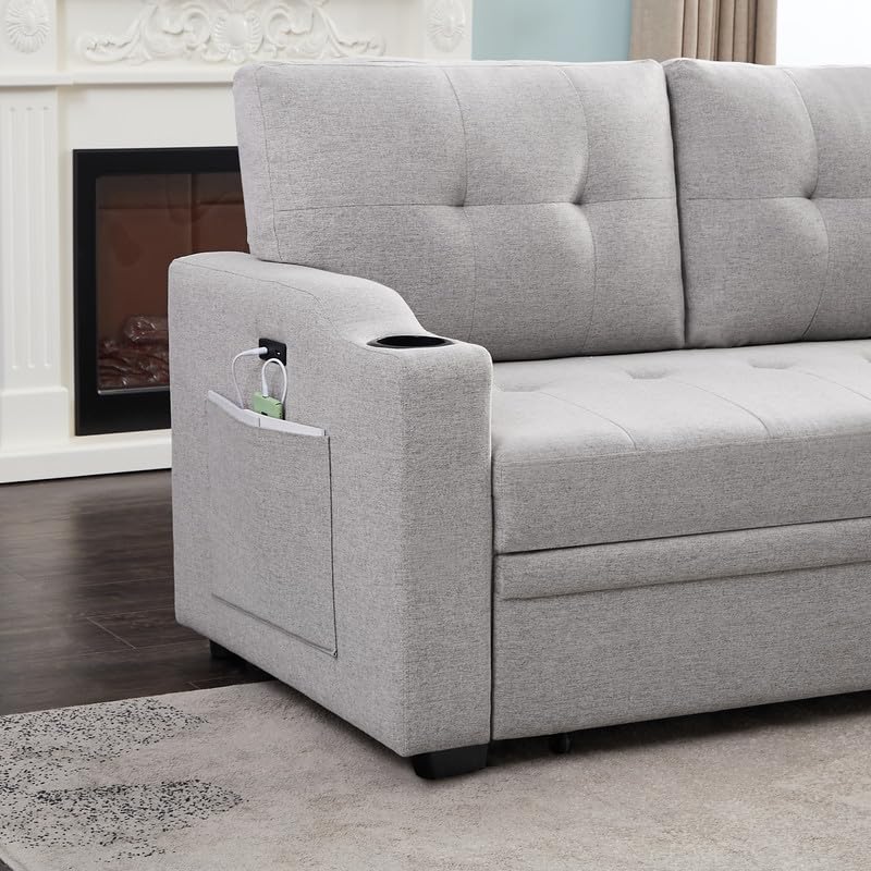 LSOFA 83 Inch Convertible L Shaped Sleeper Sectional Sofa Linen with Storage Chaise, Pull Out Bed, Cup Holder, USB Charging Port, Side Pocket, Reversible Corner Couch Design, 83, Light Grey4