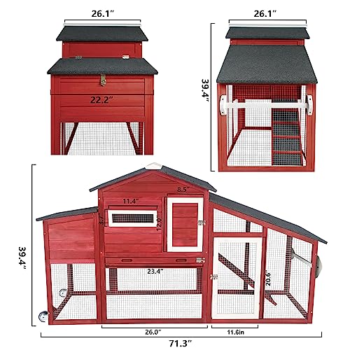 Chicken Coop Large Wooden Chicken Tractor - with Wheels Waterproof Outdoor Hen House Poultry Cage Back Yard Chicken Coops with Run, Laying Boxes and Secure Enclosure (Sloping Roof)