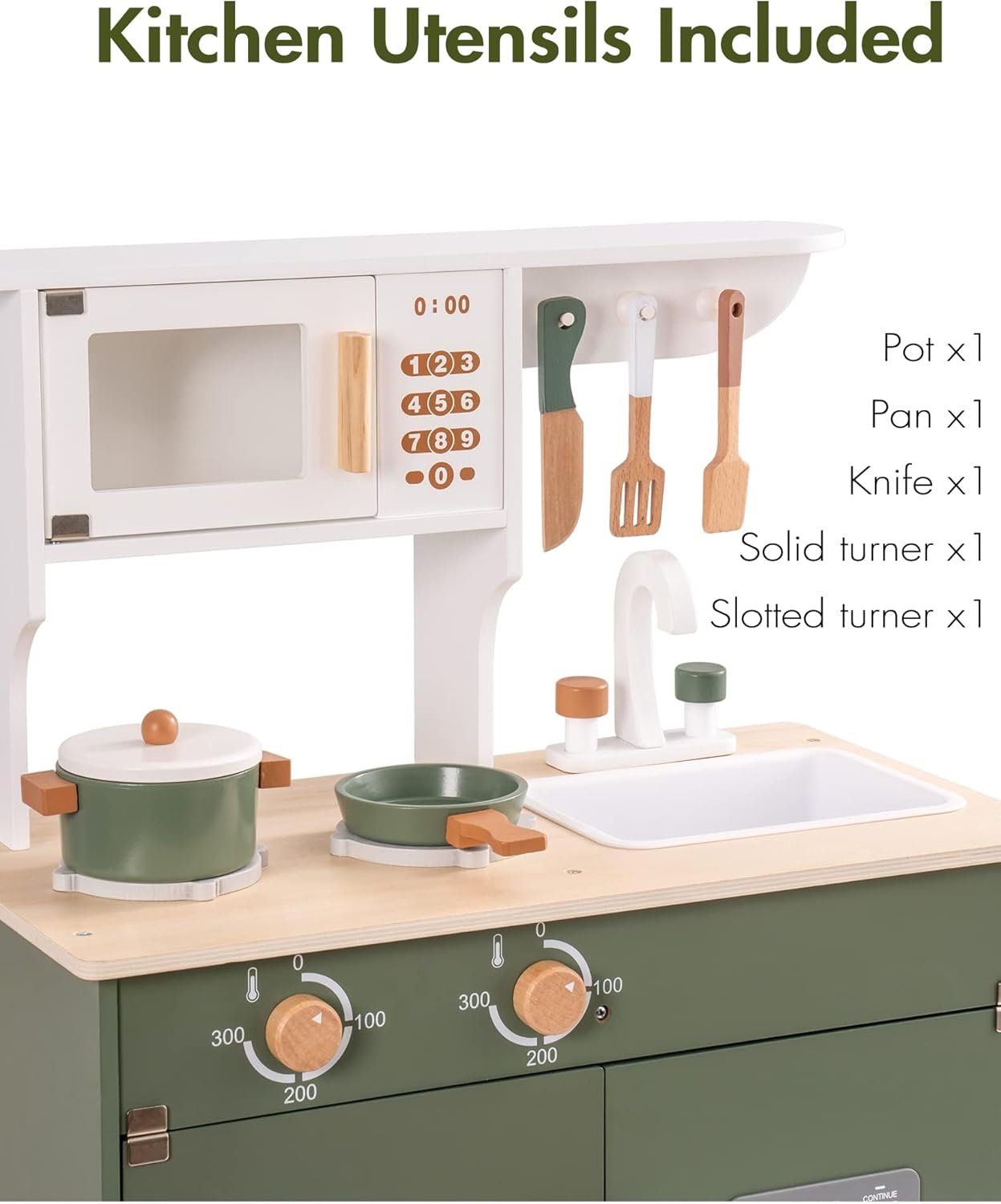 ROBUD Play Kitchen, Kids Kitchen Playset with Pretend Ice Cube Dispenser for Kids Aged 3+, Wooden Toy Kitchen of Birthday Gift to Kids, Vintage Green