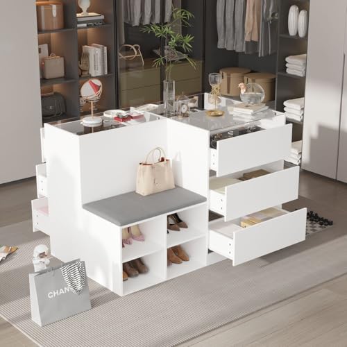 MOUMON Armoire Wardrobe Closet with Glass Tabletop & 9 Drawers, Glass Armoire Island with Cushion Bench & Shelves, Wardrobe Display Cabinet for Bedroom Cloakroom Store White, 27.6”D x 47.2”W x 31.5”H
