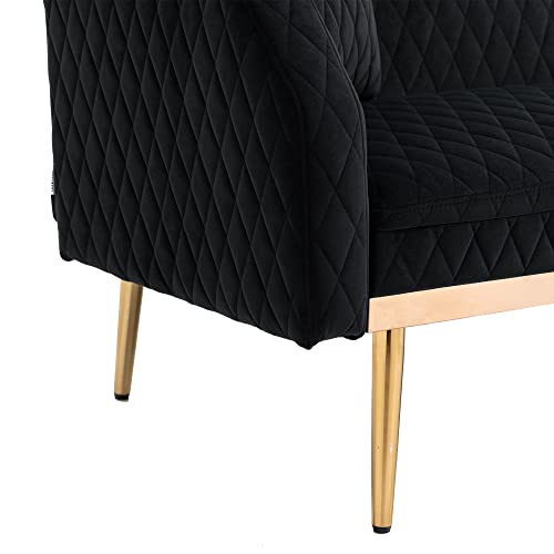 Modern Velvet Loveseat,Convertible Sleeper Futon Sofa Bed with Metal Legs and 2 Throw Pillows for Living Room, Bedroom (Black)