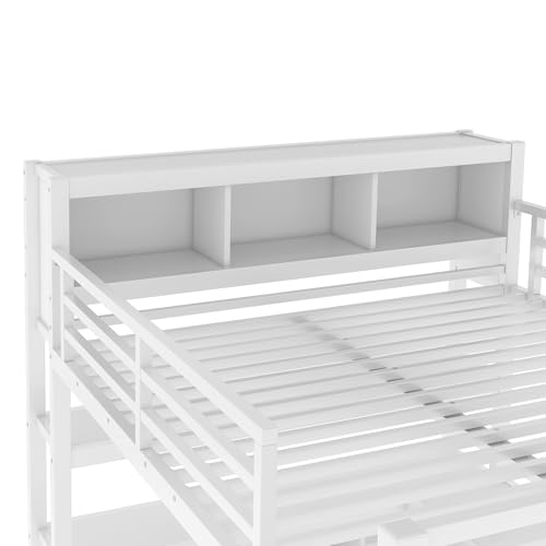Linique Metal Loft Bed with Wardrobe & L-Shaped Desk - Sturdy Space-Saving Loft Bed Includes Storage Cubes, Shelves for Kids, Teens, Adults (White, Queen)