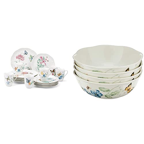 Lenox Butterfly Meadow 18-Piece Dinnerware Set White and 4-Piece All-Purpose Bowl Set