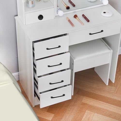 White Vanity Desk with Makeup Mirror and 10 Lights, 3 Color Mode Dimmable Sliding Lighted Mirror, 6 Large Drawers and 3 Level Storage Shelves, Bedroom Dressing Table Upholsterted Stool