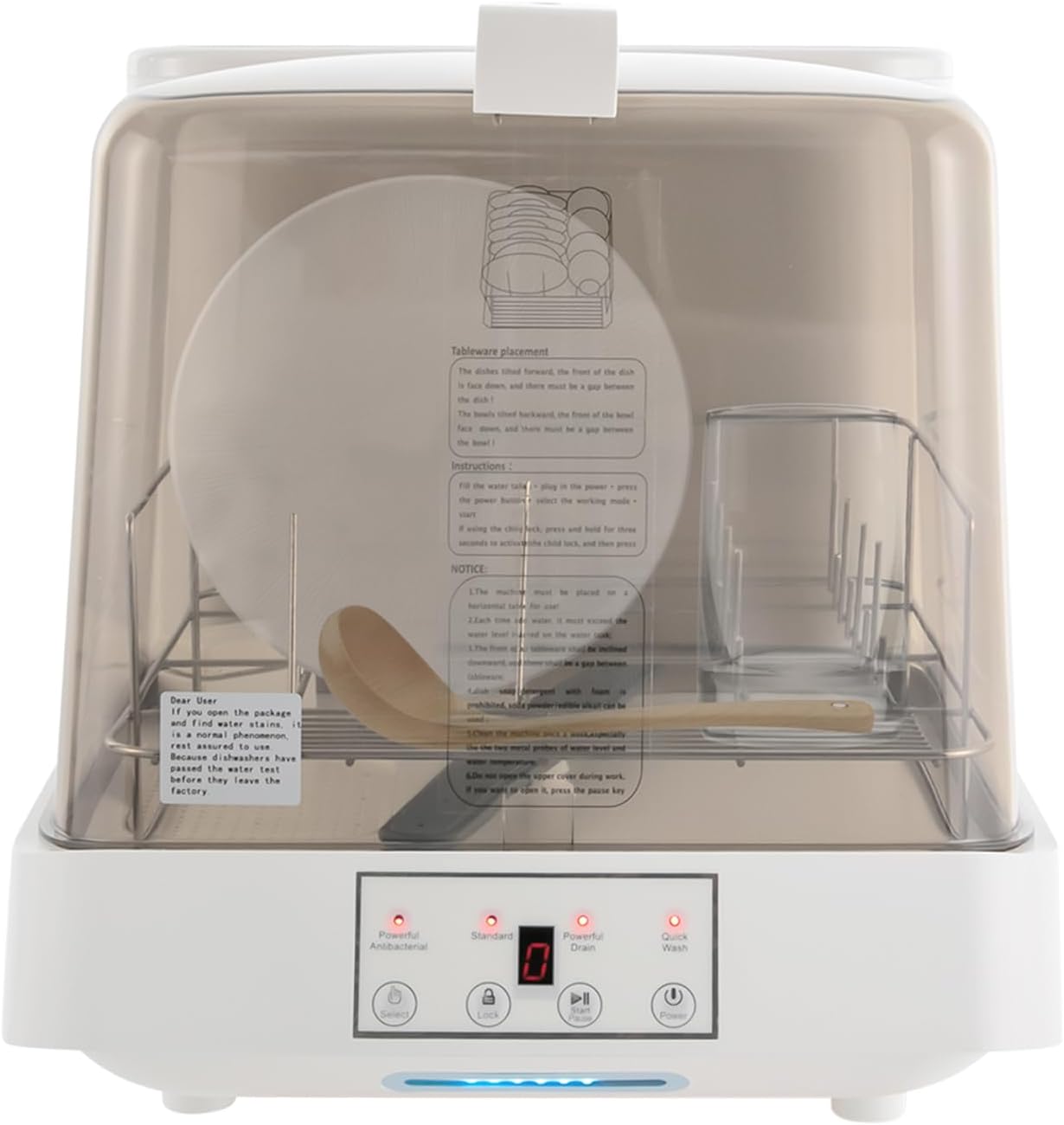 Headry Modern Visible Countertop Dishwasher with Built-in 1.59gal Water Tank, Portable Mini Counter Dishwasher, 3 Cleaning Mode, 360°Rotating Spray, Air-Dry Function Large Capacity (Brown&White)