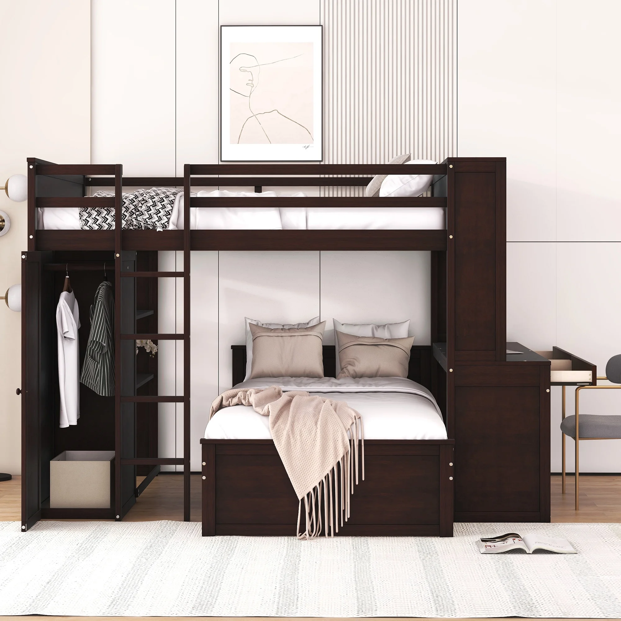 Twin Over Twin Bunk Bed with Storage, Solid Wood Bunk Bed with Shelves, Desk and Wardrobe, Twin Size Loft Bed with a Stand-Alone Bed for Kids Teens Adults (Espresso)