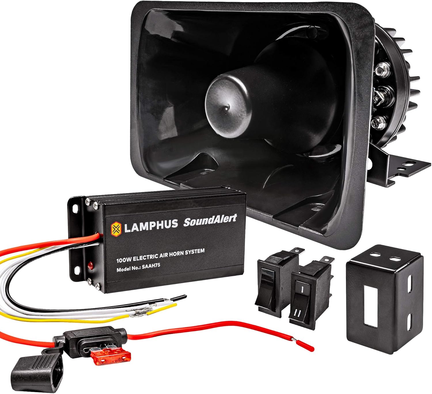 LAMPHUS SoundAlert 12V 100W Electric Police Air Horn Kit [Slim Speaker] [118-124dB] [Hands-Free] Train Truck Police Siren Horn for Vehicles Truck UTV ATV Car POV