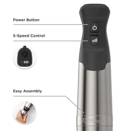 Vitamix 5-Speed Immersion Blender Bundle, 625-Watt Motor, One-Handed Operation, 5 ft cord, includes Whisk Attachment & Storage Case, Stainless Steel/Black