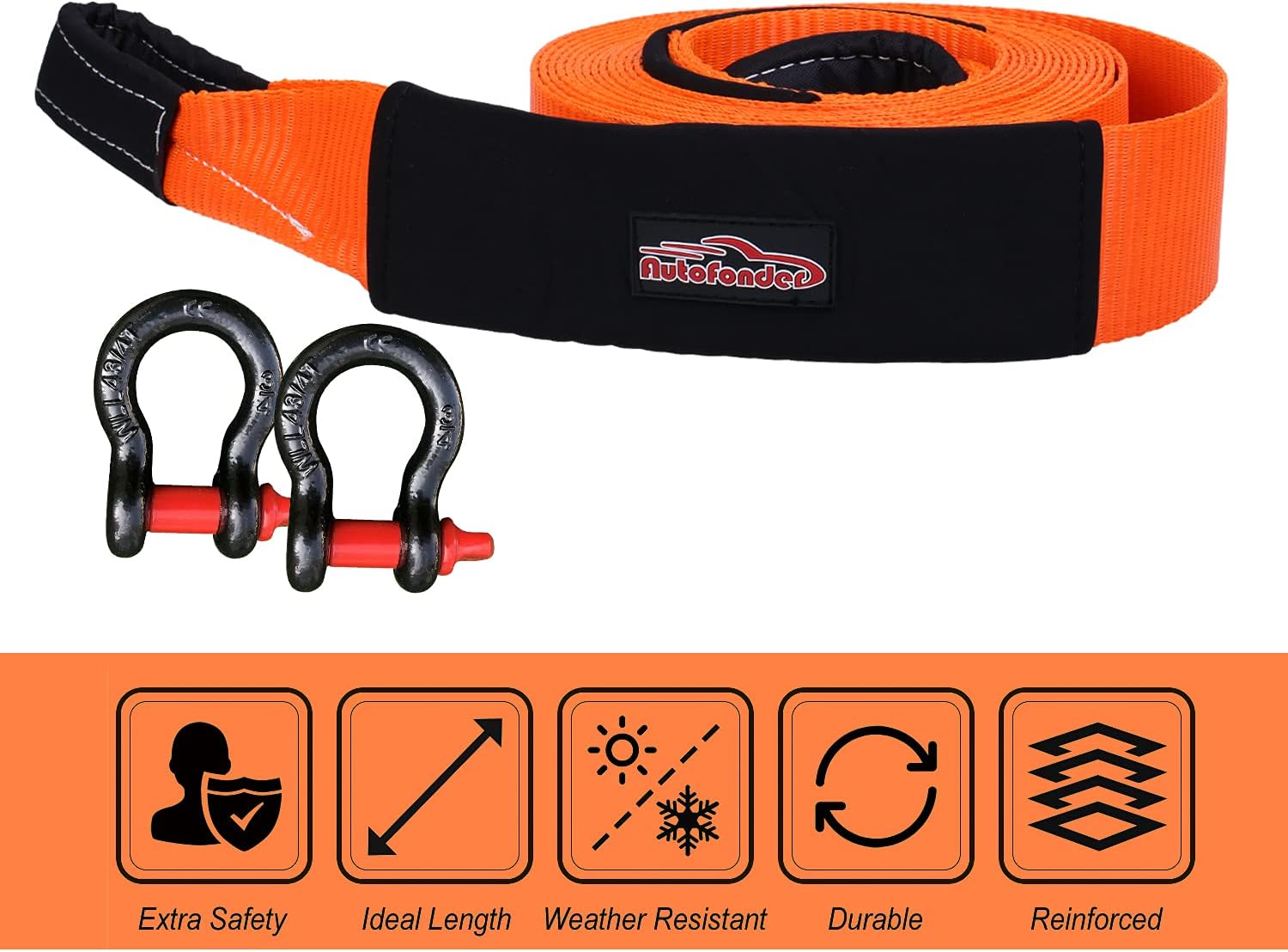 Autofonder Heavy Duty Tow Strap 12T Recovery Kit: 4WD Tow Strap + 3/4 Bow Shackle (2pcs) + Storage Bag (20ft)