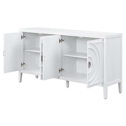 Sideboard Cabinet, Retro 4-Door Large Storage Space Buffet Cabinet with Adjustable Shelves and Circular Groove Design for Kitchen, Dining Room, Living Room (Black)
