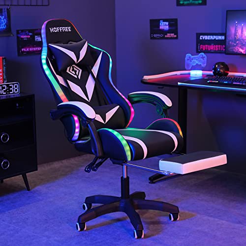 HOFFREE Gaming Chair Massage with Bluetooth Speakers and Led Lights Ergonomic Computer Gaming Chair with Footrest RGB Video Game Chair with High Back Lumbar Support Blue and Black
