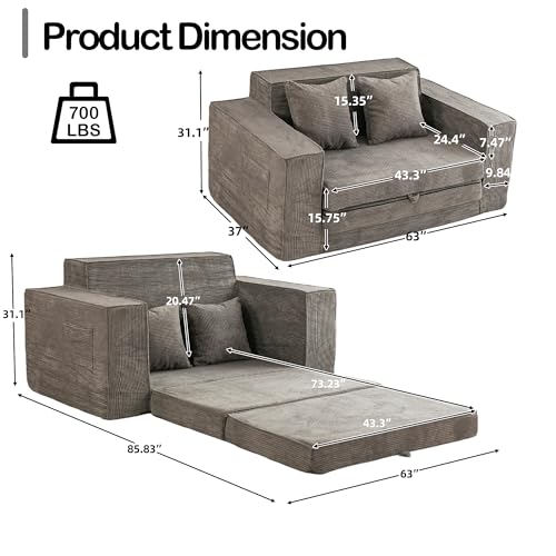 HOMREST 76" Convertible Memory Foam 3-seat Sofa, Pull Out Sleeper Sofa Bed, 2 in 1 Folding Couch Bed, Fold Out Floor Couch Corduroy Fabric with 3 Pillows for Living Room Bedroom Lounge (Grey)