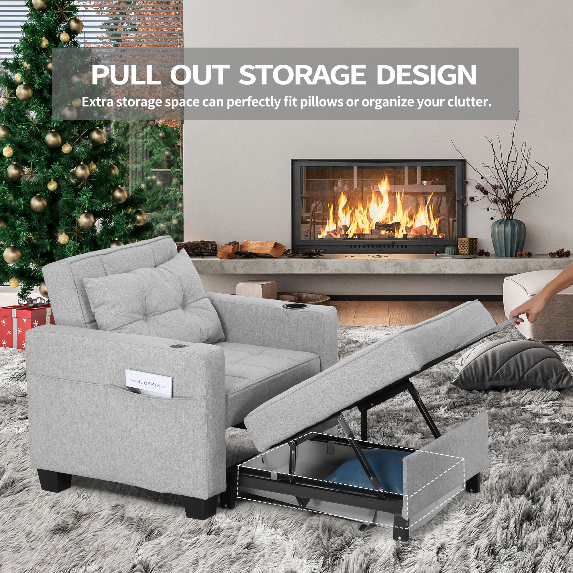Duraspace Arm Lounge Chair into Sofa Bed for Living Room Adults with USB, Storage Space, Light Gray