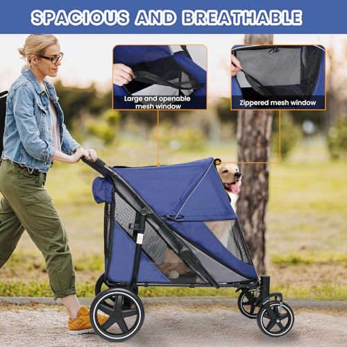 Dog Stroller for Large Dogs Up to 80 lbs One-Click Foldable Medium Dogs Pet Stroller with Access Ramp, Storage, Breathable Mesh Window and Safety Brake, Navy Blue