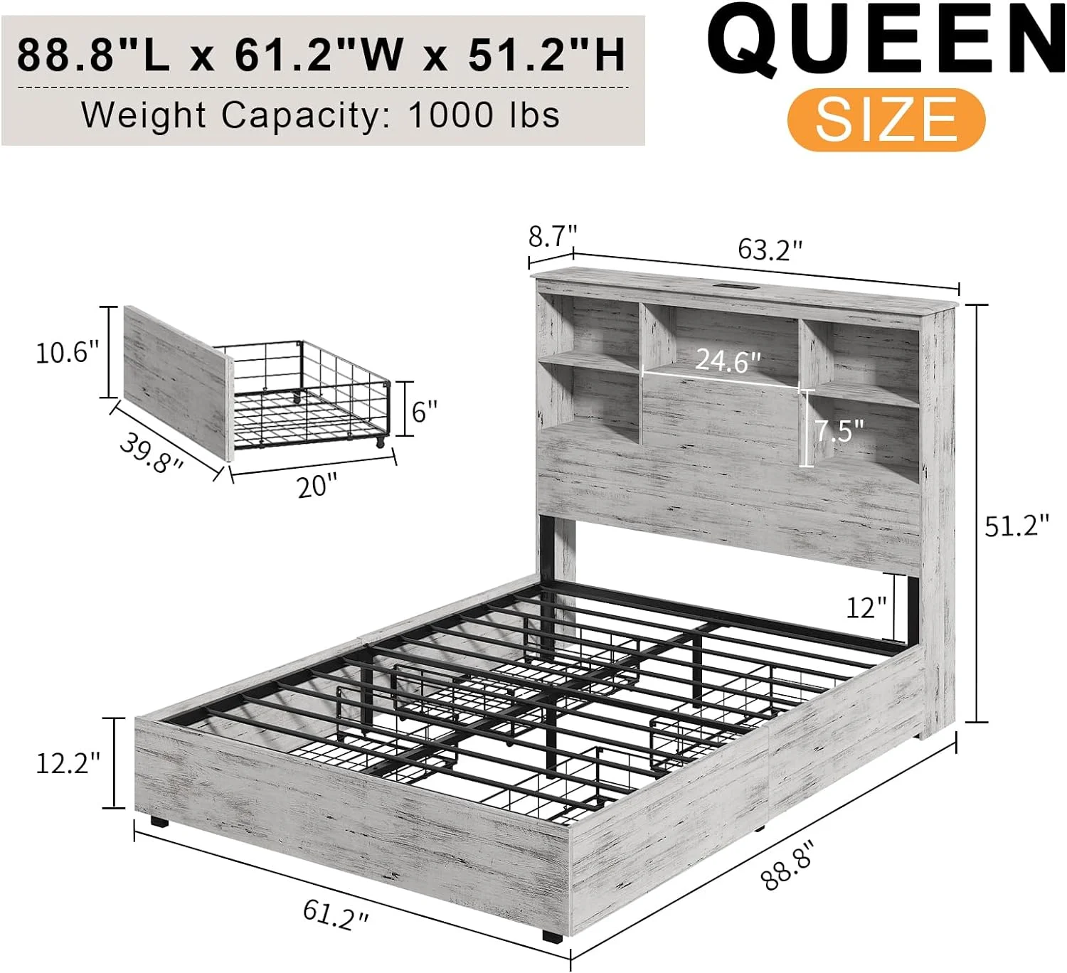 LUXOAK Queen Size Bed Frame with LED Bookcase Headboard, Wooden Storage Bed with Charging Station & 4 Drawers, White Birch