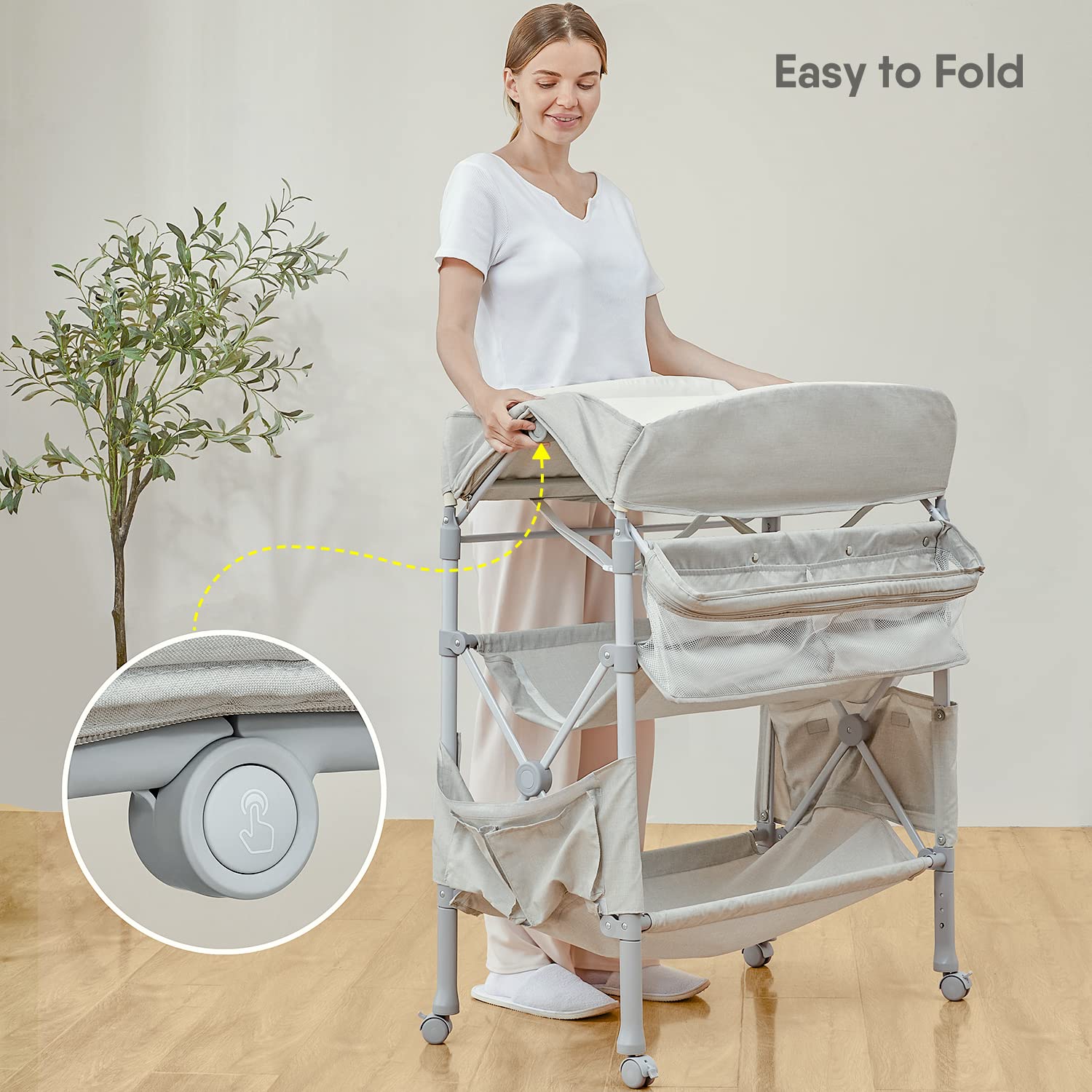 Portable Baby Changing Table with 2 Storage Baskets, BabyBond Foldable Changing Table Dresser Waterproof Diaper Changing Table Height Adjustable Changing Station for Infant and Newborn(Beige)