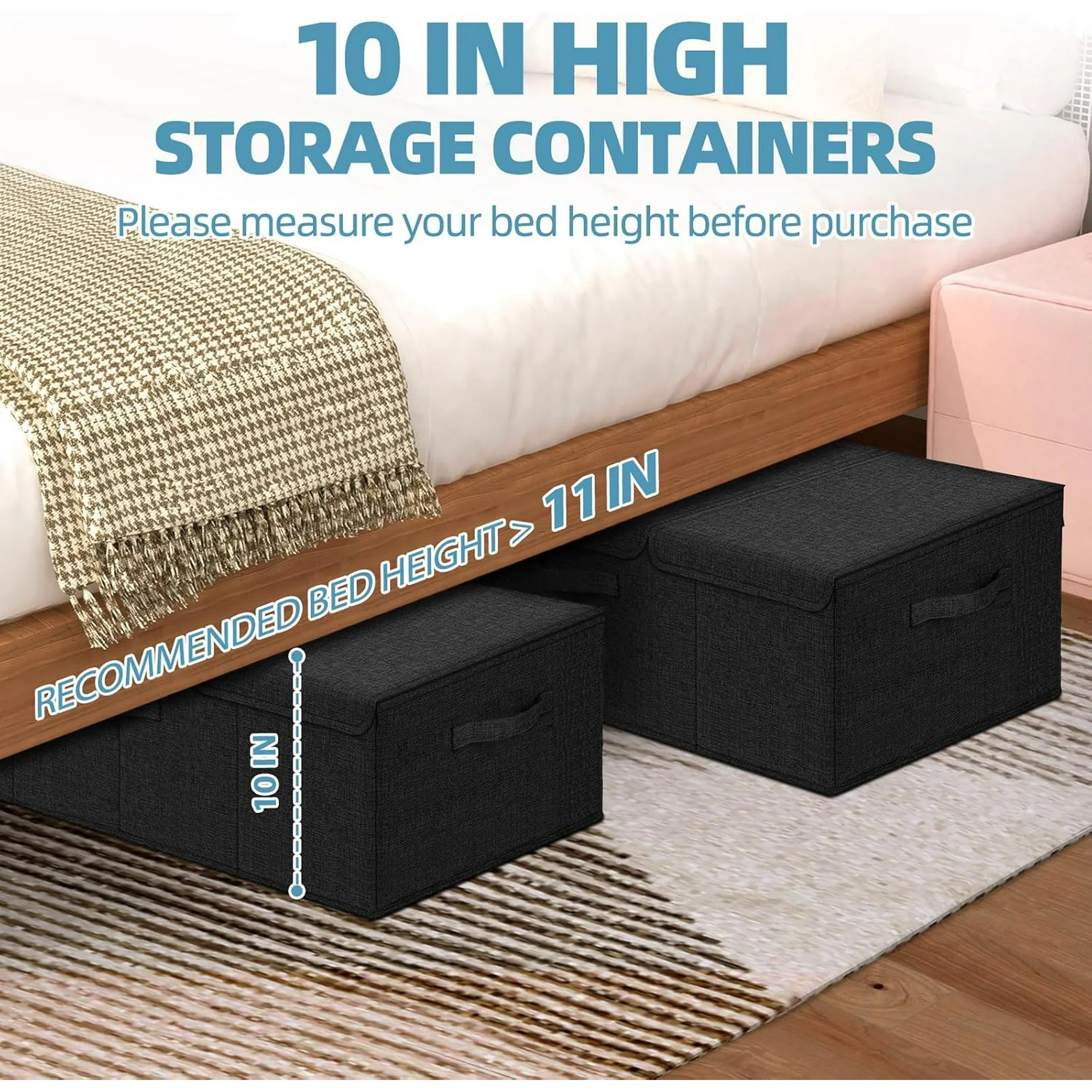 Deep Under Bed Storage Container, 10 Tall Height Underbed Box Bin with Lids 31 Long Large Basket for Under Bed, Bedroom, Dorms, Clothes, Bed sheets, Blankets, 2 Pack, Black