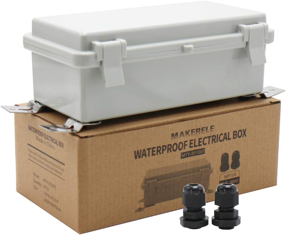 MAKERELE Outdoor Electrical Box Weatherproof Includes Internal Mounting Panel 15.711.86.7 (400300170mm) Large Project Box for Electronics Hinged Cover Plastic Clip with 2 NPT 3/4” Glands