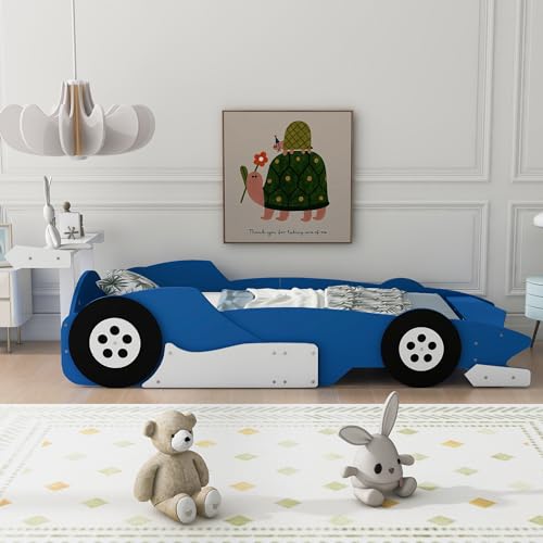 Twin Size Car Bed for Boys,Race Car-Shaped Wooden Platform Bedframe with Wheels & Safety Guardrail,Slats Support,Easy Assembly,Fun Play for Kids Toddlers Child's Bedroom,Yellow PU