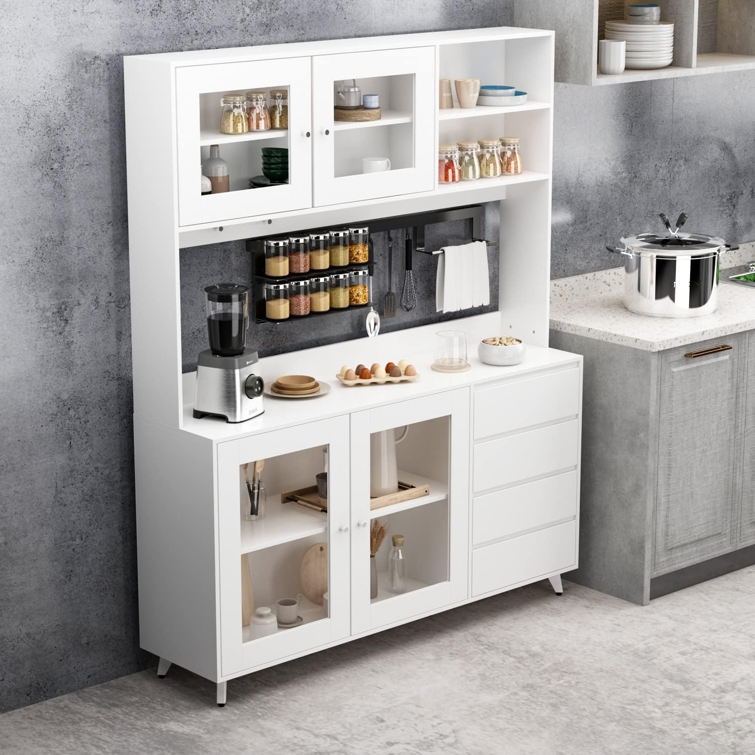 63"W 74.8"W Buffet with Hutch, Freestanding Kitchen Pantry Oak/White