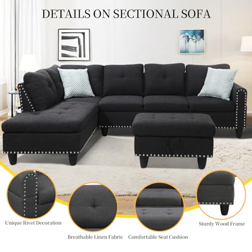 L Shaped Sectional Couch with Recliner, Modern Sleeper Sofa with Movable Storage Ottoman, Stylish Living Room Furniture Set with 2 Cup Holders and 2 Pillows for Home, Charcoal Grey