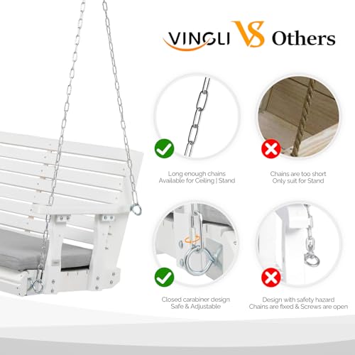 VINGLI Heavy Duty 880 LBS Patio Wooden Porch Swing Outdoor with Extra Cushion, Farmhouse Hanging Bench Tree Swing with Adjustable Chains for Yard | Garden | Lawn | Balcony (5 FT, Rustic)