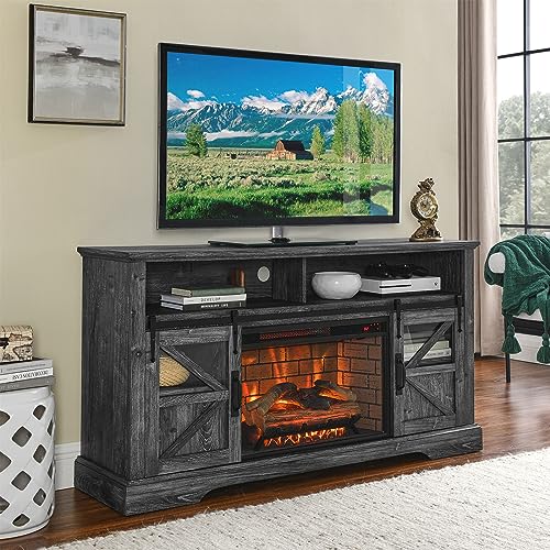 Fireplace TV Stand Cabinet,Wood LED Light Entertainment Center Electric Fireplace Heater for 400Sq.ft., Modern Farmhouse tv Console with Fireplace for TVs Up to 70", Home Living Room Decor