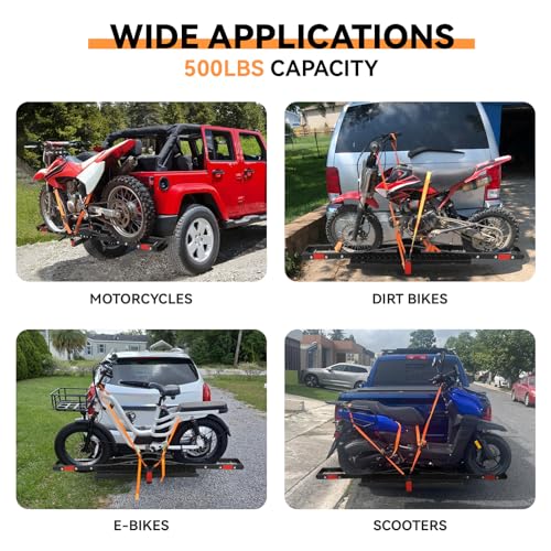 Motorcycle Carrier Hitch Mount 500 LBS,Steel Dirt Bike Hitch Hauler with Tie-Down Straps & Hitch Tightener,Dirtbike Hitch Carrier for Truck,SUV, Car,Hitch Receiver for Tires Up to 5.5" W,2" Receiver,