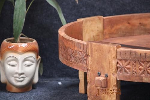 Handcrafted Wooden Coffee Table with Intricate Carved Design,Round Solid Wood CHakki Table (45x45x20 cm)