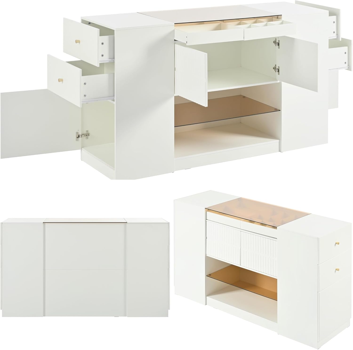 Wardrobe Armoire Bedroom Island with Glass Top, Closet Island with 6 Drawers, 3 Cabinets, Glass Display Shelf Island Dresser Wooden Closet Storage Cabinet for Walk-in-Wardrobe Bedroom Shops