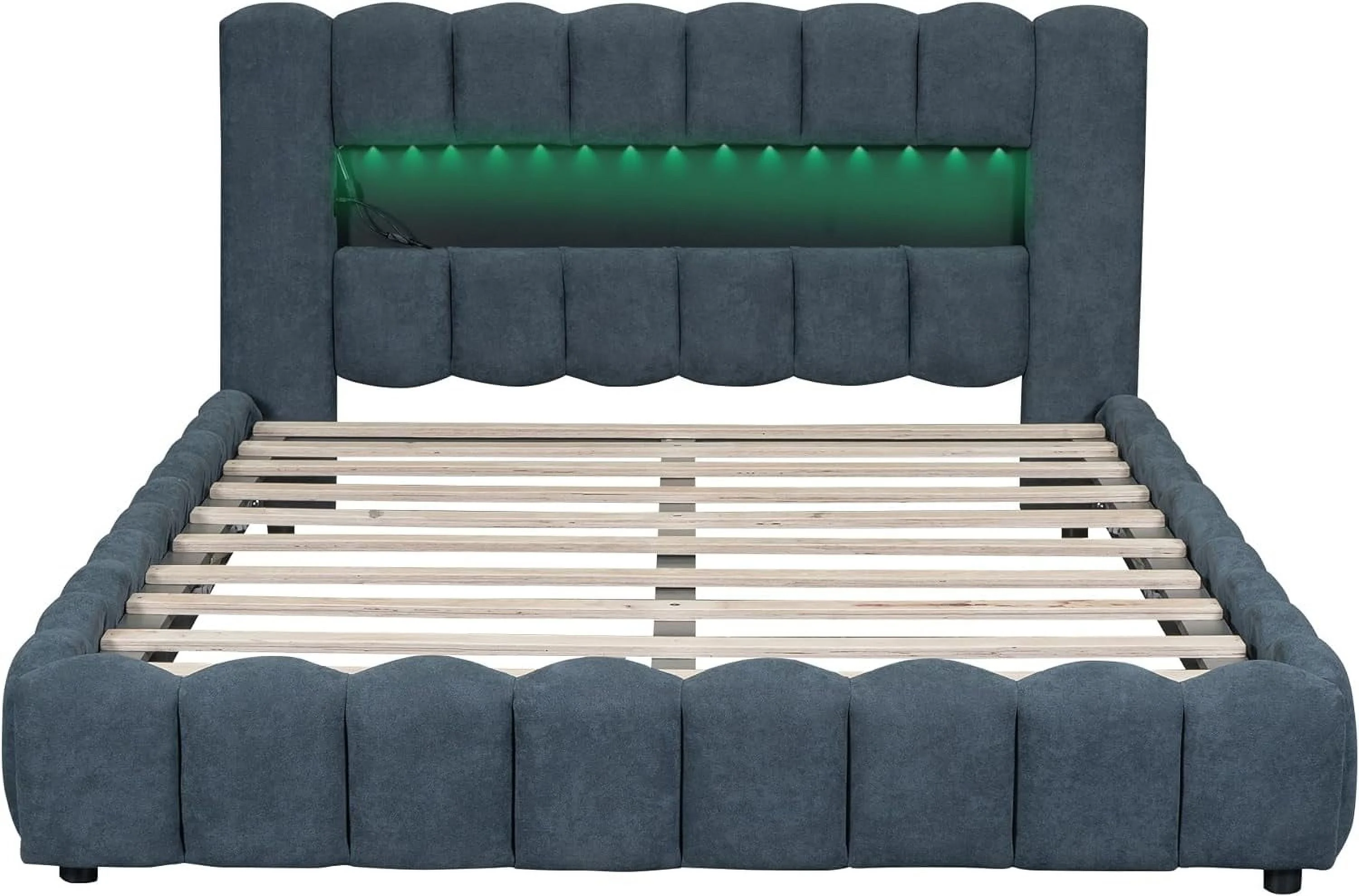 Upholstered Queen Size Bed With Lift Up Storage, USB Ports And LED Headboard, Linen Queen Platform Bed With Slats Support, No Box Spring Needed, Easy Assembly, Deep Blue