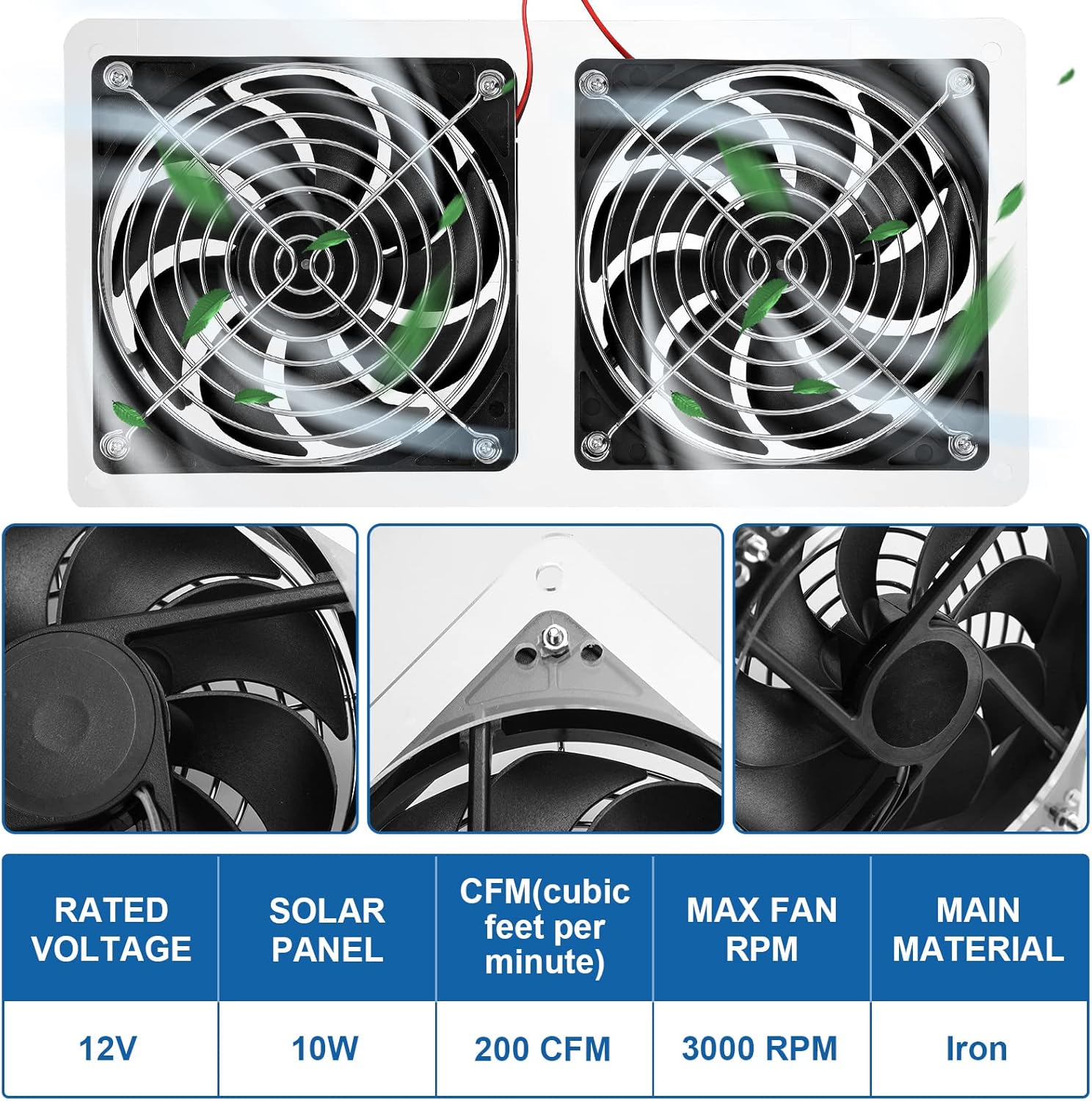 Solar Panel Fan Kit 10W 12V Solar Powered Dual Fan Waterproof Solar Exhaust Fan Outdoor Portable Solar Ventilation Fan Solar Attic Fan with Cable for Chicken Coop Greenhouse Shed Pet Houses Window