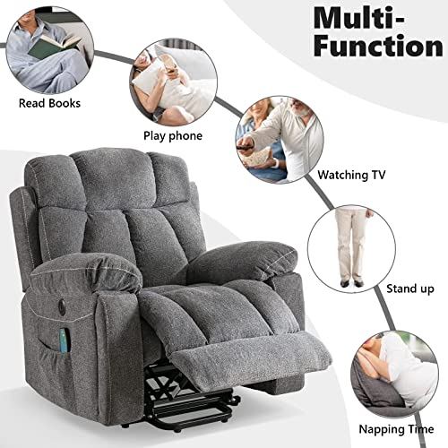 CANMOV Large Power Lift Recliner Chair with Massage and Heat for Elderly, Heavy Duty Motion Reclining Mechanism-Anti Skid Fabric Recliner Chair with 2 Concealed Cup Holders,Light Gray
