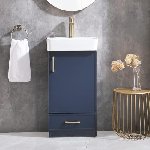 18 Inch Bathroom Vanity with Sink Set, Small Bathroom Vanity with Undermount Vessel Sink Combo, Blue Bath Rv Cabinet, 1 Door 1 Drawer Vanities with Golden Handles