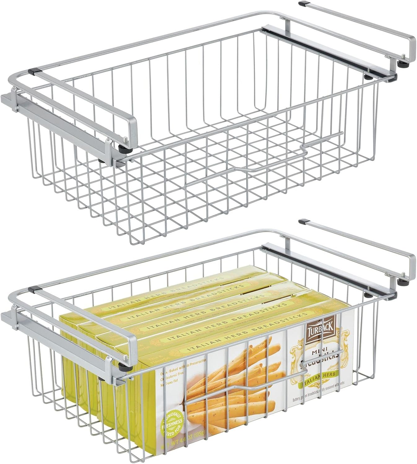 mDesign Large Metal Wire Hanging Pullout Drawer Basket - Sliding Under Shelf Storage Organizer - Attaches to Shelving - Easy Install - 2 Pack - Silver Pack of 2