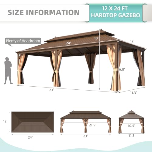 MELLCOM 12'x16' Hardtop Gazebo, Galvanized Steel Metal Double Roof Canopy with Curtains and Netting, Brown Permanent Pavilion Gazebos with Aluminum Frame for Garden, Patio, Lawns, Deck