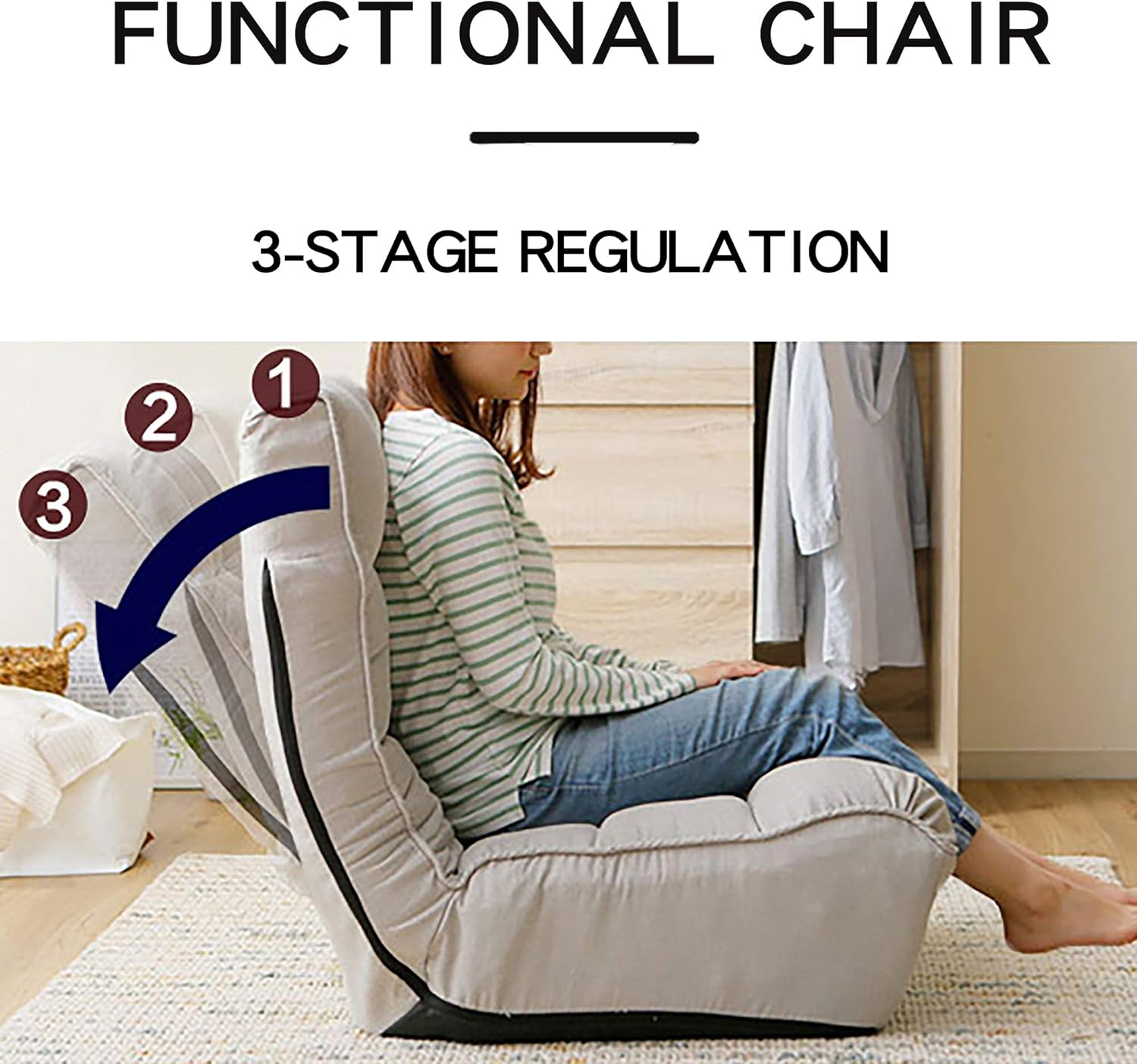 Indoor Chaise Lounge Chair, 3 Angles Adjustable Floor Chair, Cushion Padded Comfy Chair for Living Room and Bedroom, Folding Lazy Sofa Couch for Adults, Grey