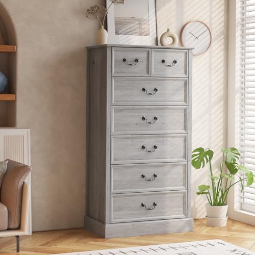 Farmhouse 7 Drawers Dresser for Bedroom, Wood Dresser Chest of Drawers Organizer Storage, Rustic Tall Dresser Chest of Drawer for Living Room, Closet, Hallway Children's Room