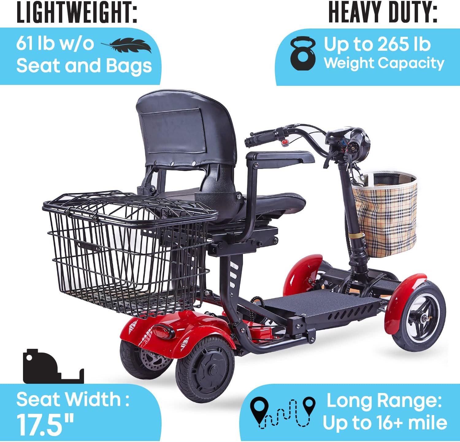 ActiWe Electric Powered Motorized Transformer 4 Wheel Mobility Scooter with Seat for Adults- All Terrain Weatherproof Heavy Duty Folding Electric Wheelchair for Seniors (Red)