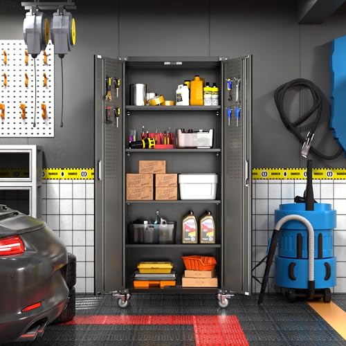 Aobabo Garage Storage Cabinet with Wheels,72" H Metal Storage Cabinet with 2 Doors and 4 Adjustable Shelves for Garage Home, Black,Required-Assembly
