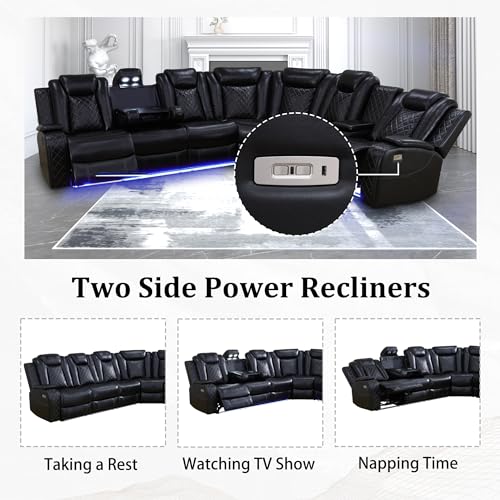 Power Recliner Sectional Sofa with LED Light, Breathing Leather Recliner Sofa Couch with USB Port/Cup Holder/Storage for Living Room (6 Seat Reclining Sectional Couch, Black)