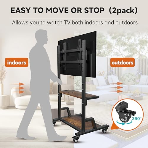 AENTGIU Rolling TV Stand Mobile TV Cart for 32"-75" All Brand TVs, Lockable Portable TV Stand on Wheels with Metal TV Mount & 2 Tier Wood Shelf for Living Room,Bedroom,Office(All Hardware Included)