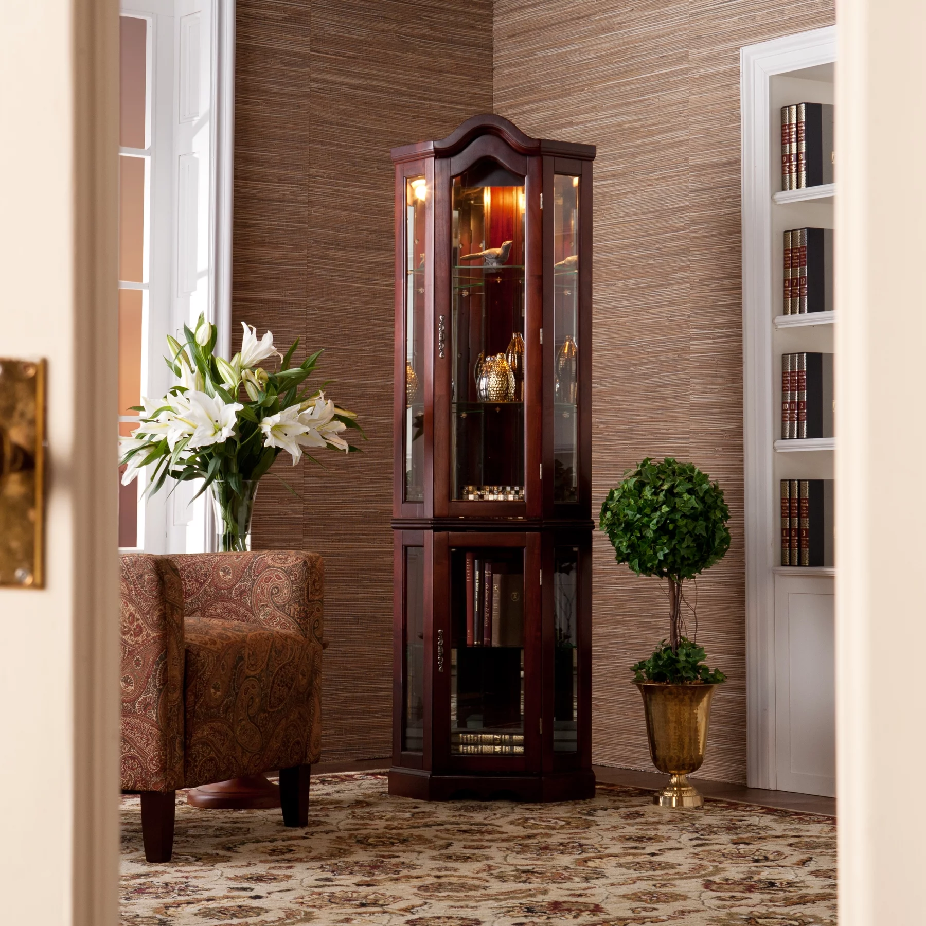 SEI Furniture Canterdale Lighted Corner Curio Cabinet - Mahogany 21.25 x 70