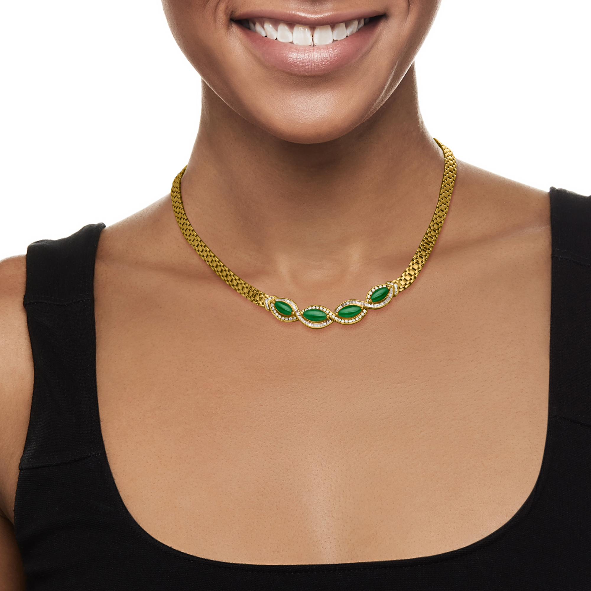 Ross-Simons C. 1980 Vintage Jade and 1.80 ct. t.w. Diamond Necklace in 18kt Yellow Gold, Women's, Adult, Pre-Owned
