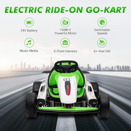 24V Electric Go Kart, Drifting Car Battery Powered Ride on Car with Powerful Motor for Kids 6-12 Years Old, Kids Go Kart with Slow Start, Music, Safety Belt,Max Load 110lbs for Boys and Girls