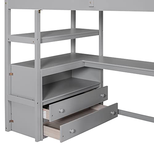 Full Size Loft Bed with Built-in L-Shaped Desk and Bookshelves, Solid Wood Loft Bed Frame with Safety Guardrail and Storage Staircase,Save Bedroom Space for Kids and Teens. (Grey~N)