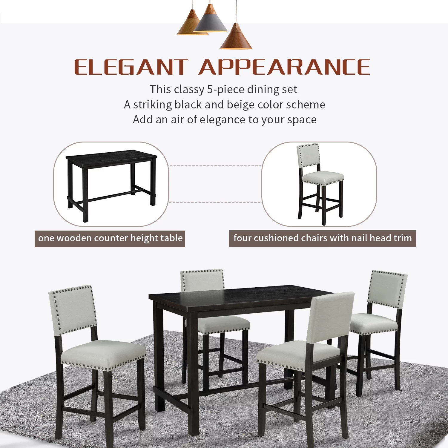 Bellemave Dining Table Set for 4, 5 Piece Counter Height Table Set with One Rectangle Table and 4 Cushioned Chairs, 5 Piece Dining Kitchen Table Set (Espresso and Beige)