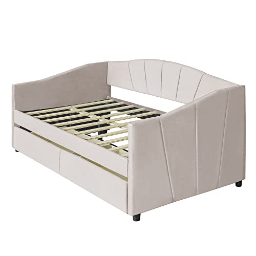 Harper & Bright Designs Twin Size Daybed, Upholstered Daybed with Two Storage Drawers, Wood Daybed Twin Size, Wood Slat Support Day Bed Frame, No Box Spring Needed, Easy Assembly, Beige