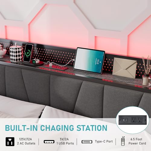 Full Size Lift Up Storage Bed Frame with LED Lights, Linen Upholstered Headboard with Charging Station, Wooden LED Light Platform Bed Frame, No Spring Box Needed/Noise Free, Black